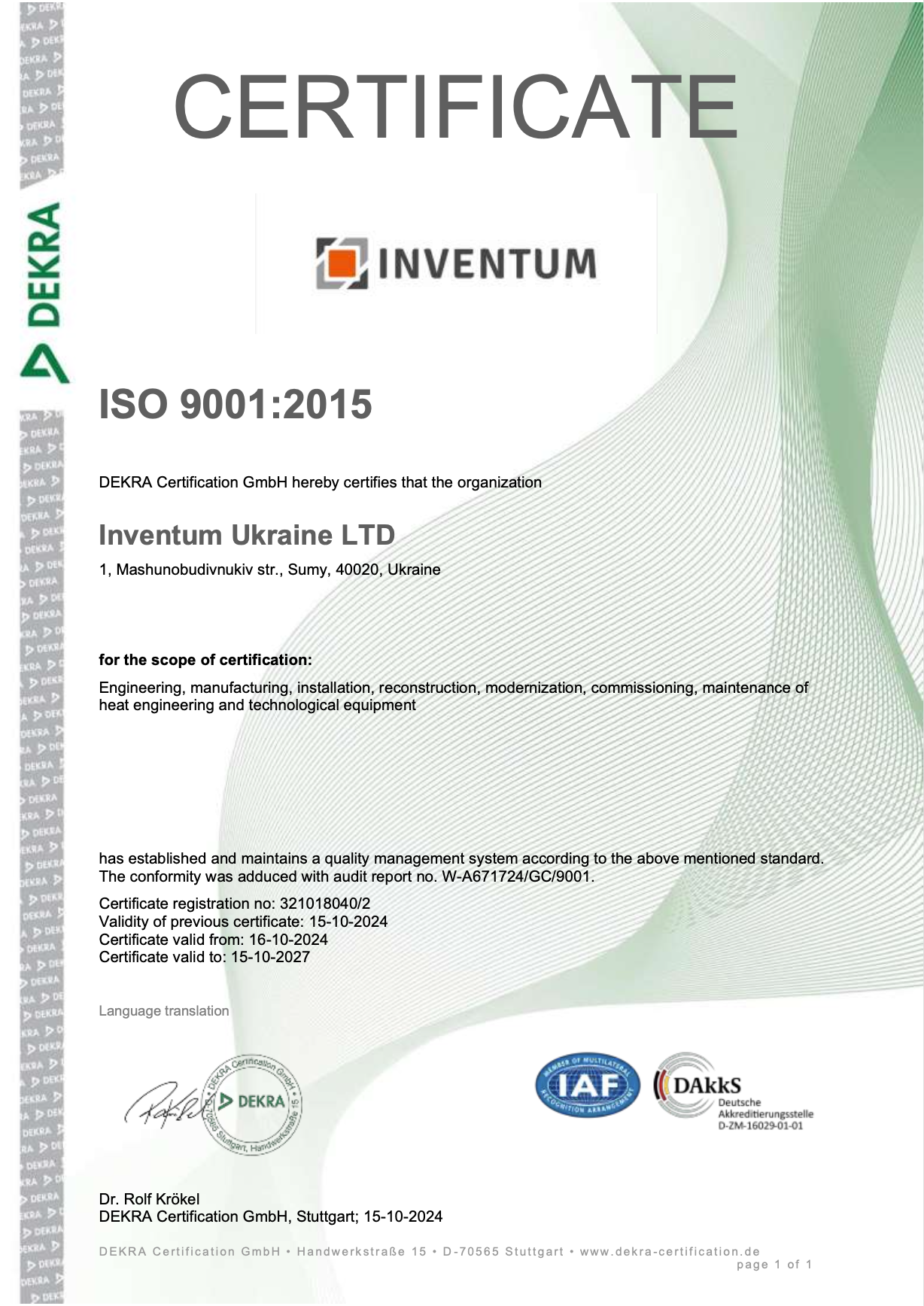 Certificate ISO 9001:2015